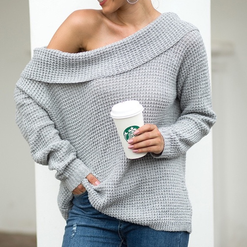 Off the Shoulder Comfy Sweater Grey - Picture 2 of 7
